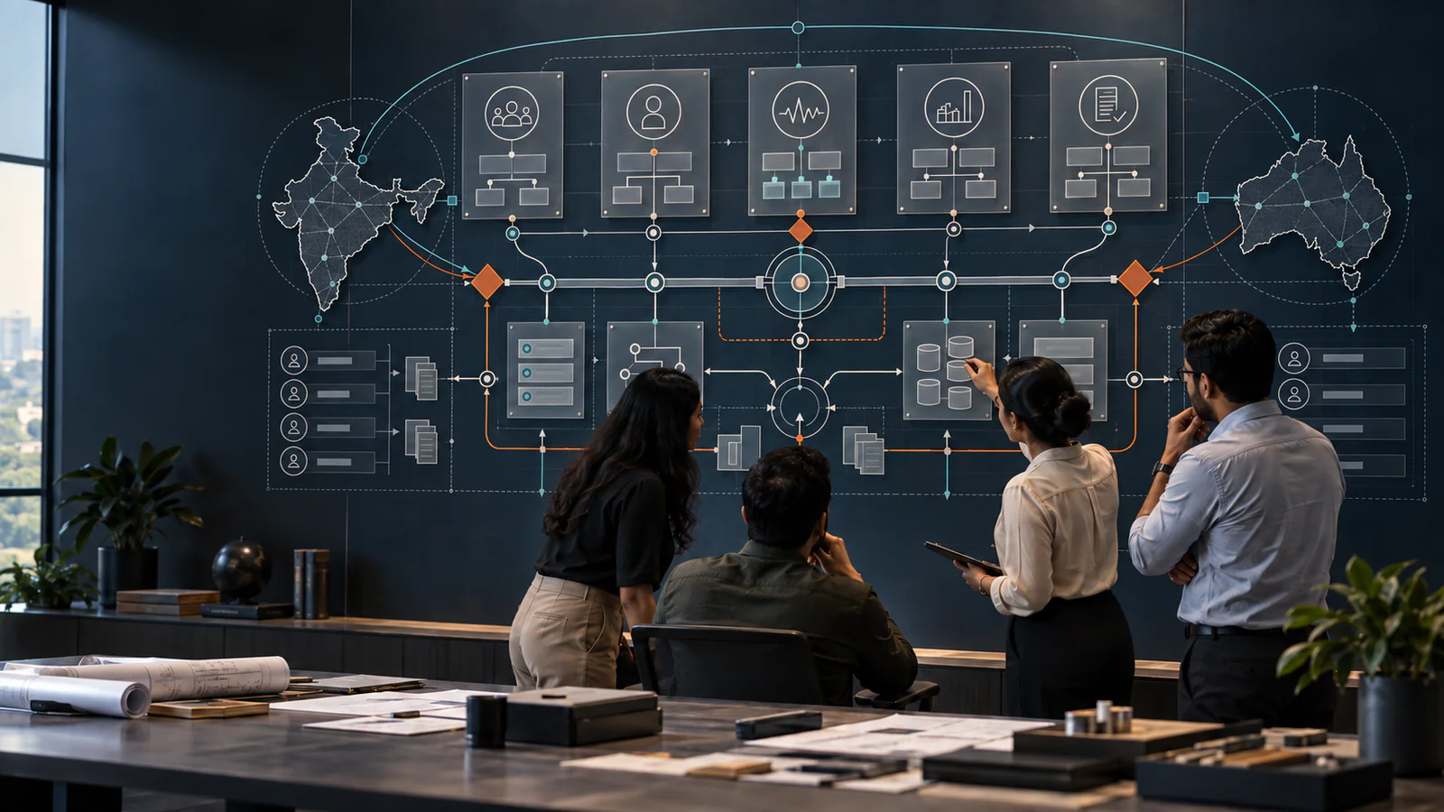A multidisciplinary team reviews a security operating model connecting five capability domains with requirements, ownership, evidence, governance and India–Australia delivery reach.