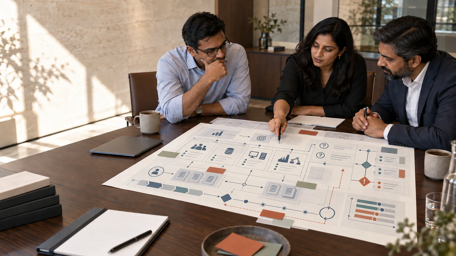 Three professionals define a cybersecurity requirement using a detailed visual map of critical assets, trust boundaries, ownership, evidence, dependencies and decision paths.