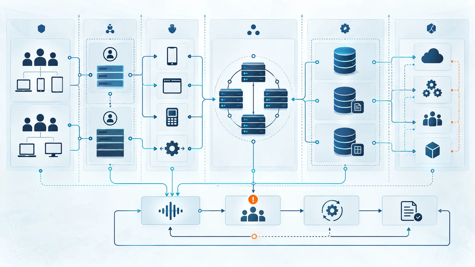 A financial-services security dependency map connects identities, access controls, digital channels, resilient service processing, data, third parties, telemetry, incident coordination, recovery and evidence.