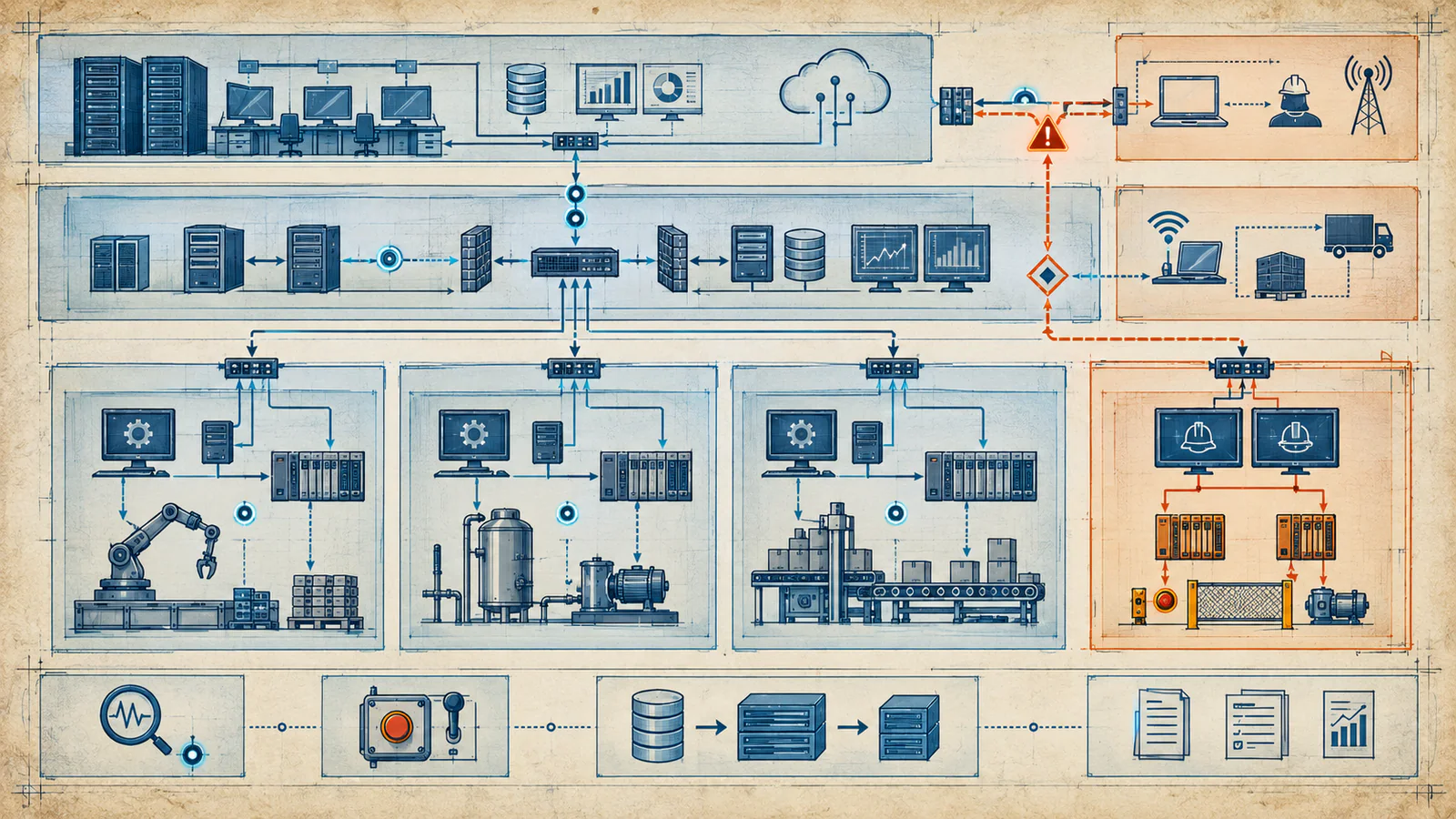 An industrial zone-and-conduit map connects enterprise IT, controlled gateways, operations systems, segmented production cells, an independent safety boundary, external dependencies, detection, fallback, recovery and evidence.