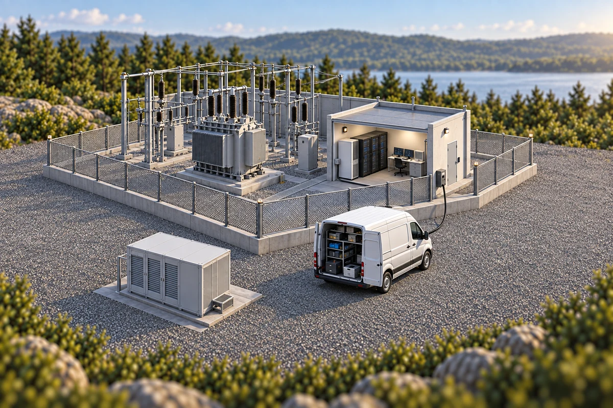 Conceptual substation scene showing a control room, external maintenance connection and separate equipment module.