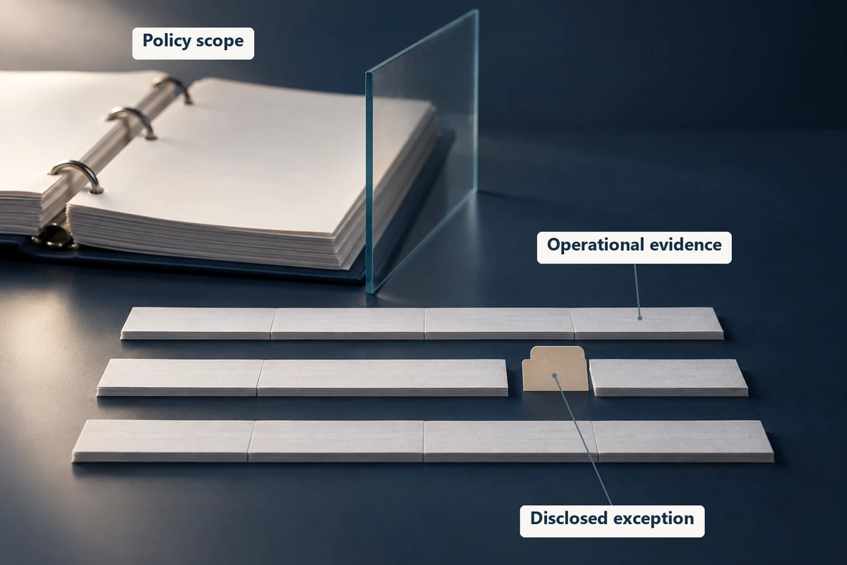 Policy scope is separated from operational evidence, which includes a disclosed exception.