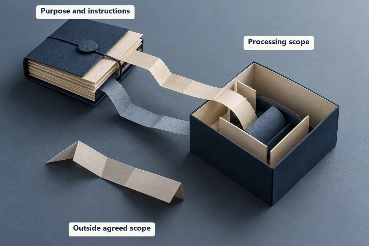 Purpose and instructions connect to a processing scope, with a separate strip outside the agreed scope.