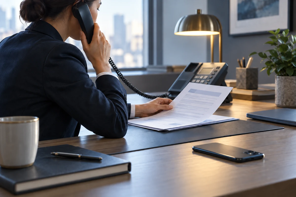 A finance professional checks a document during an office-phone callback, with a mobile set aside.