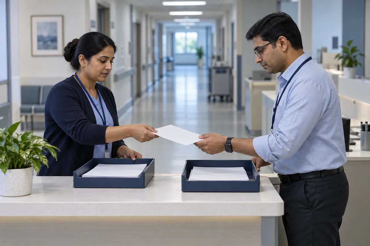 Two hospital colleagues exchange a continuity sheet between workflow trays.