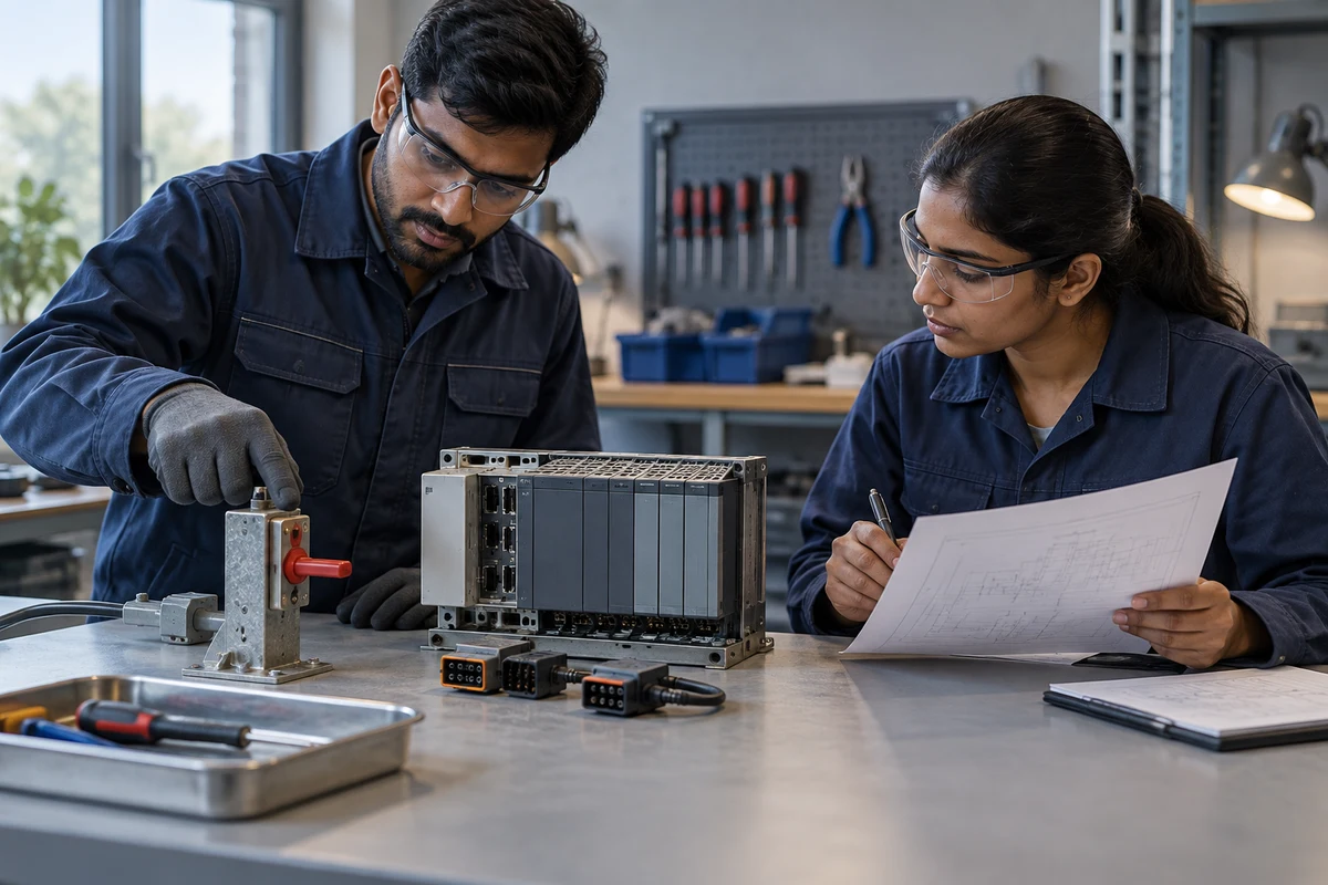 Two engineers inspect a disconnected industrial control module on a workshop bench.