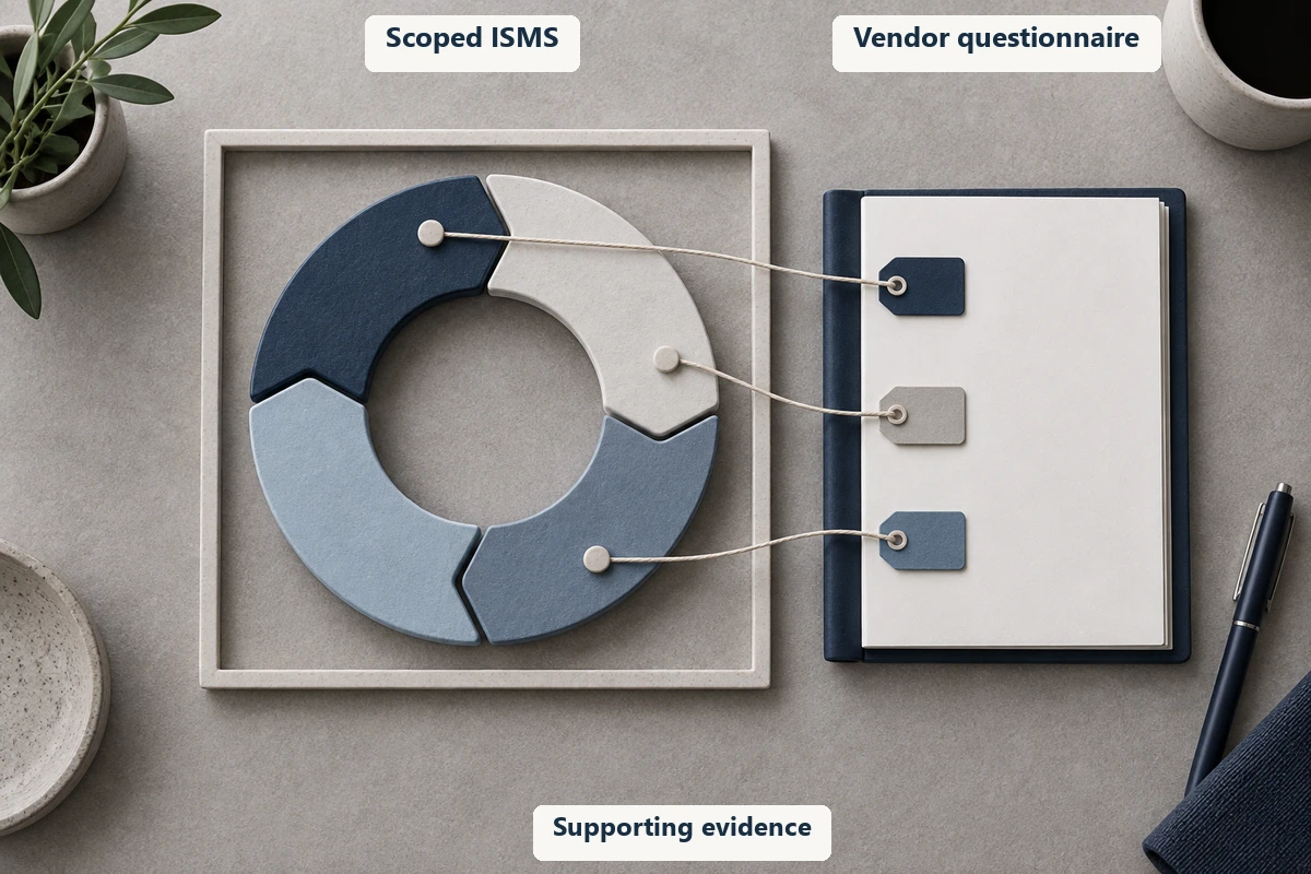 A scoped ISMS model connects to a vendor questionnaire through supporting evidence.