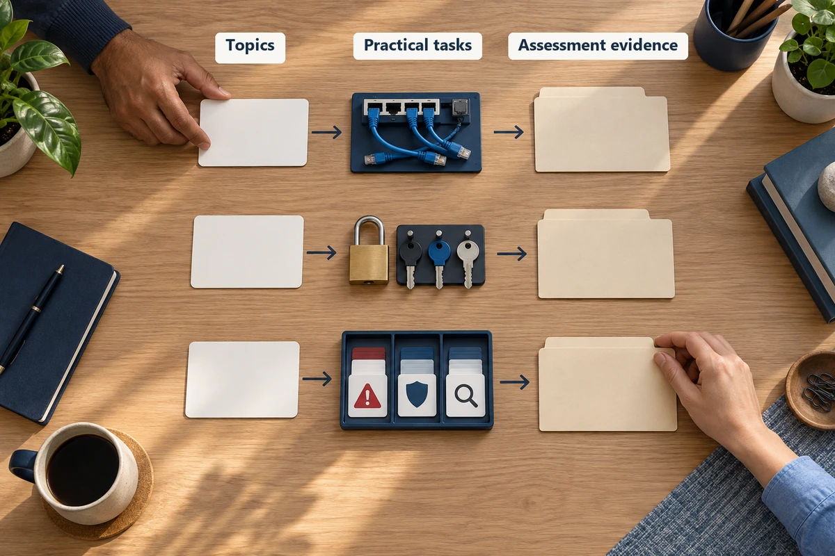 Three learning pathways connect topics to practical tasks and assessment evidence.