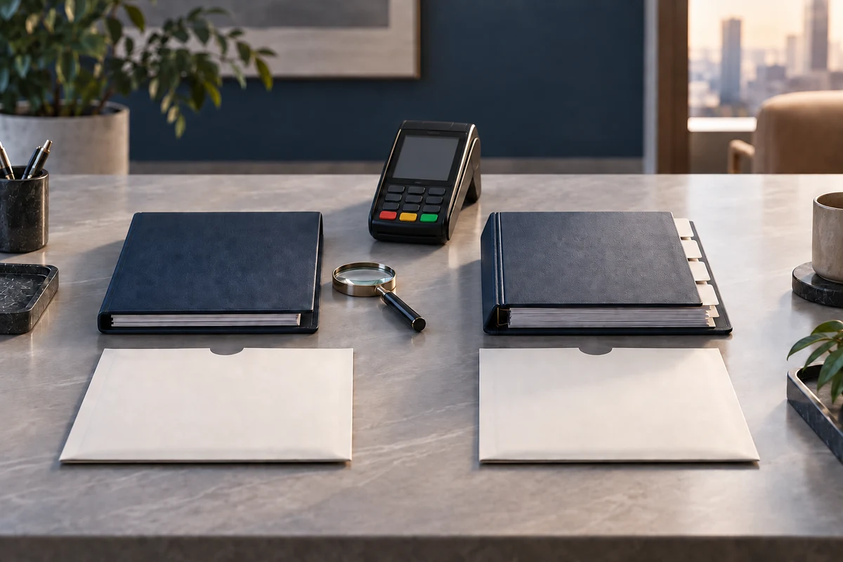 Two assessment folios and separate document sleeves sit beside a payment terminal and inspection lens.