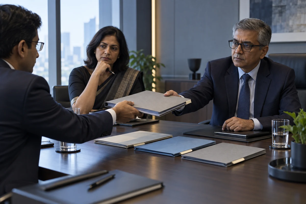 Three professionals review an evidence folder during a governance meeting.