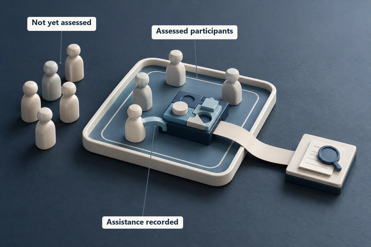 A conceptual assessment model distinguishes assessed participants, people not yet assessed and recorded assistance.