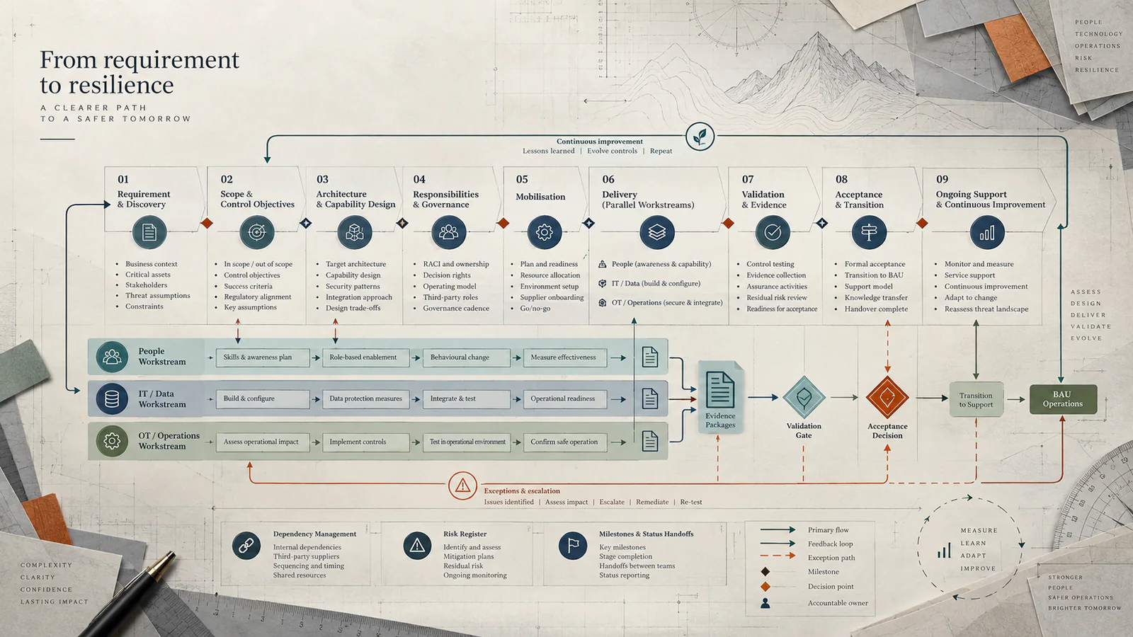 A detailed governed engagement map connects discovery, scope, architecture, responsibilities, parallel delivery workstreams, validation, evidence, acceptance, transition and continuous improvement.