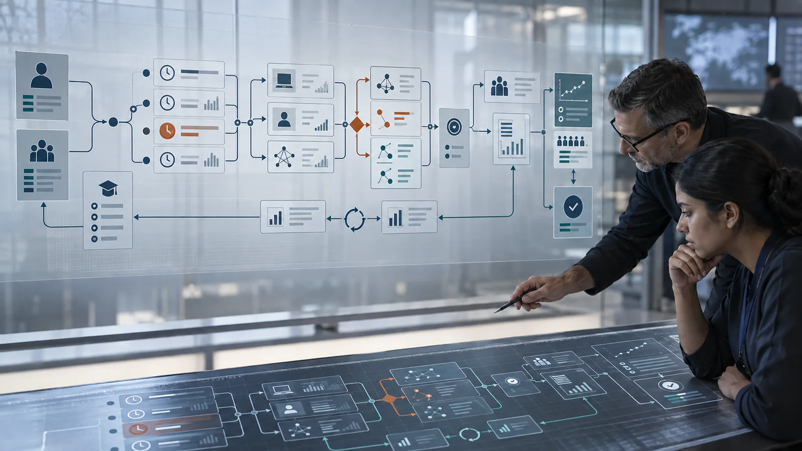 An analyst and assessor use a detailed exercise map to connect role baselines, timed signals, investigation, communication, observed performance and a readiness decision.