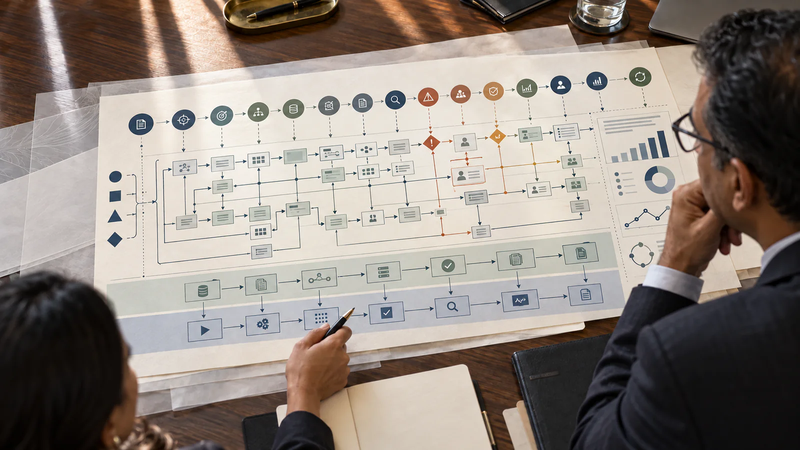 Two leaders review an assurance map connecting obligations, ownership, control design, evidence, testing, deficiencies, remediation, exceptions and management review.